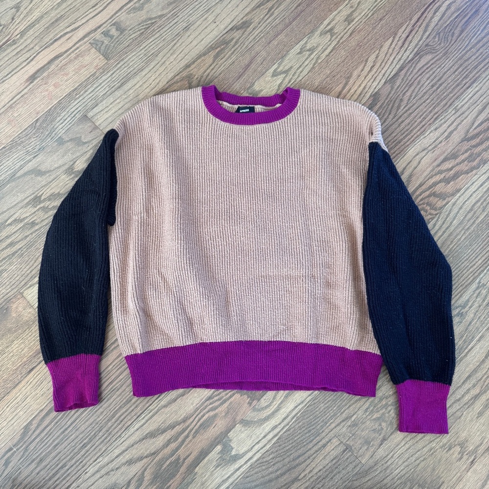 Express Tan Sweater with Black and Purple Details